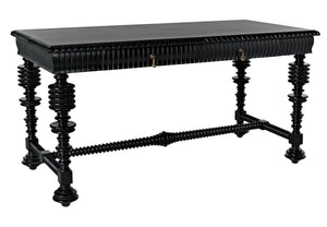Portuguese Small Desk in Hand-Rubbed Black Mahogany with Brass Pulls