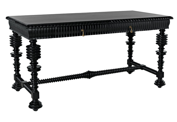 Portuguese Small Desk in Hand-Rubbed Black Mahogany with Brass Pulls
