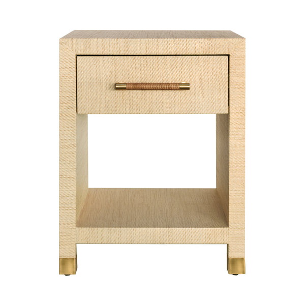 ONE DRAWER SIDE TABLE WITH RATTAN WRAPPED HANDLE IN NATURAL GRASSCLOTH