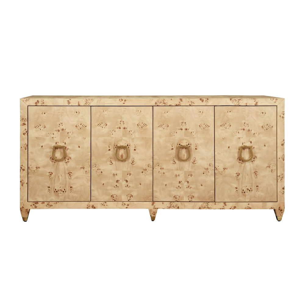FOUR DOOR BUFFET WITH SATIN BRASS HORSEBIT INSPIRED HARDWARE AND FOOT CAPS IN BURL WOOD