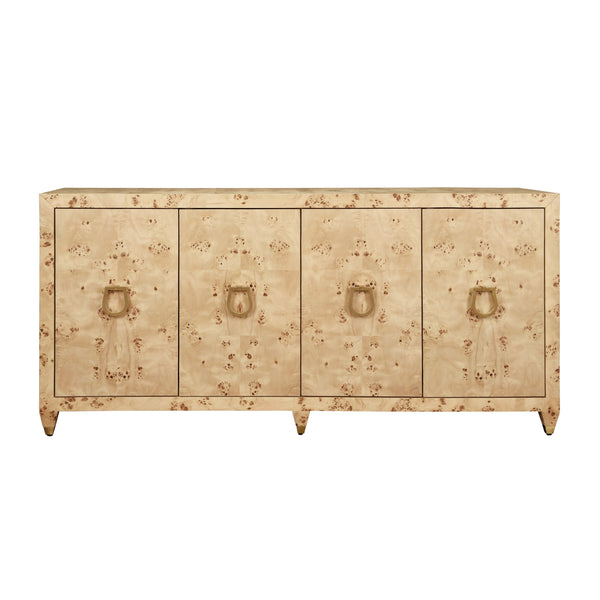 FOUR DOOR BUFFET WITH SATIN BRASS HORSEBIT INSPIRED HARDWARE AND FOOT CAPS IN BURL WOOD