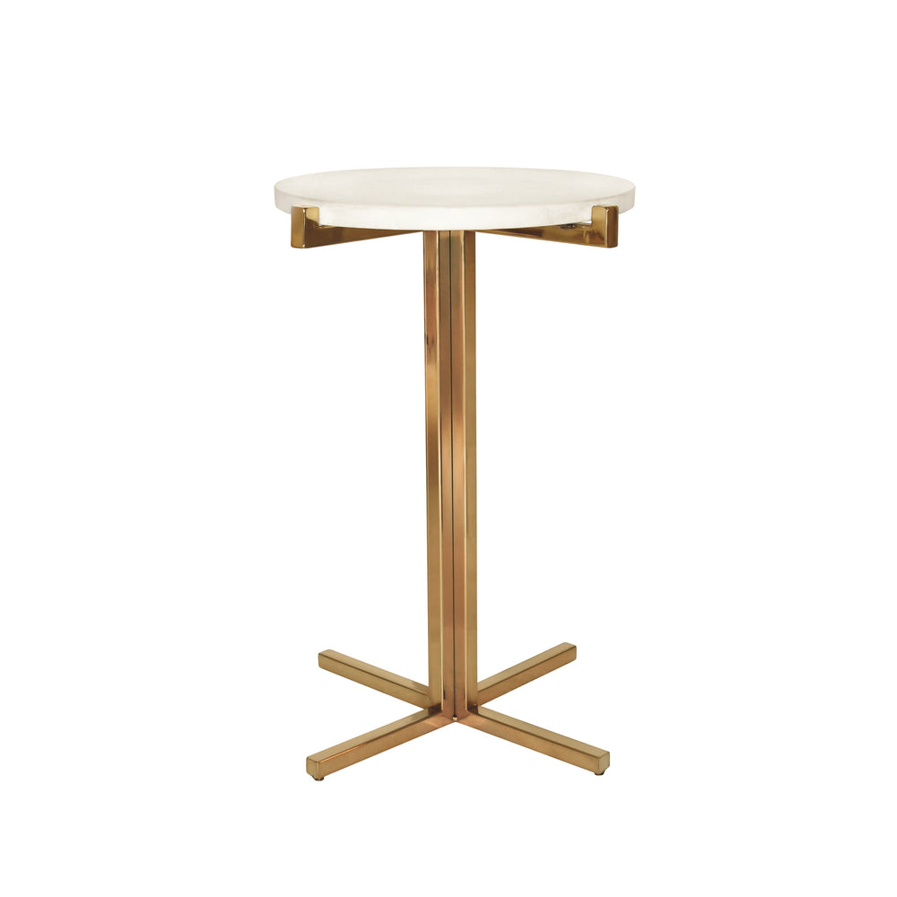 ROUND SIDE TABLE WITH BRASS X BASE AND WHITE MARBLE TOP