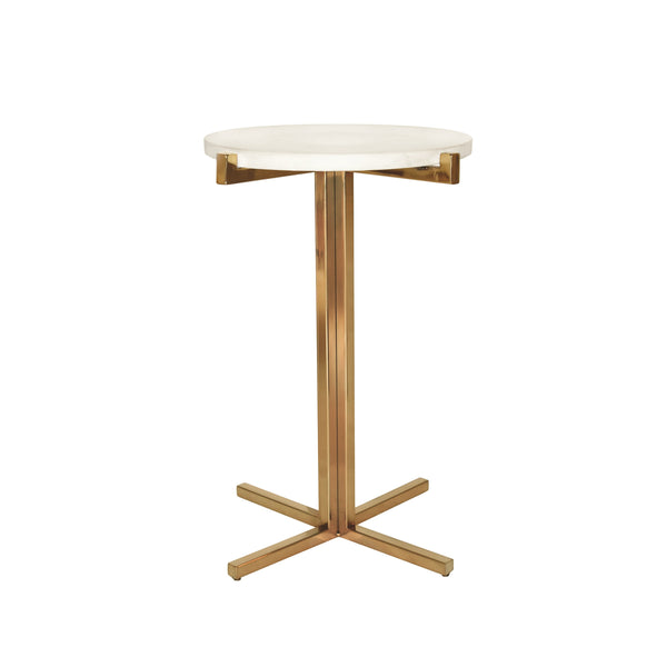 ROUND SIDE TABLE WITH BRASS X BASE AND WHITE MARBLE TOP