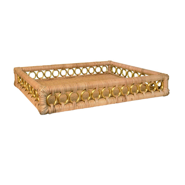 RECTANGULAR NATURAL RATTAN TRAY WITH BRASS RING DETAIL ON EDGE