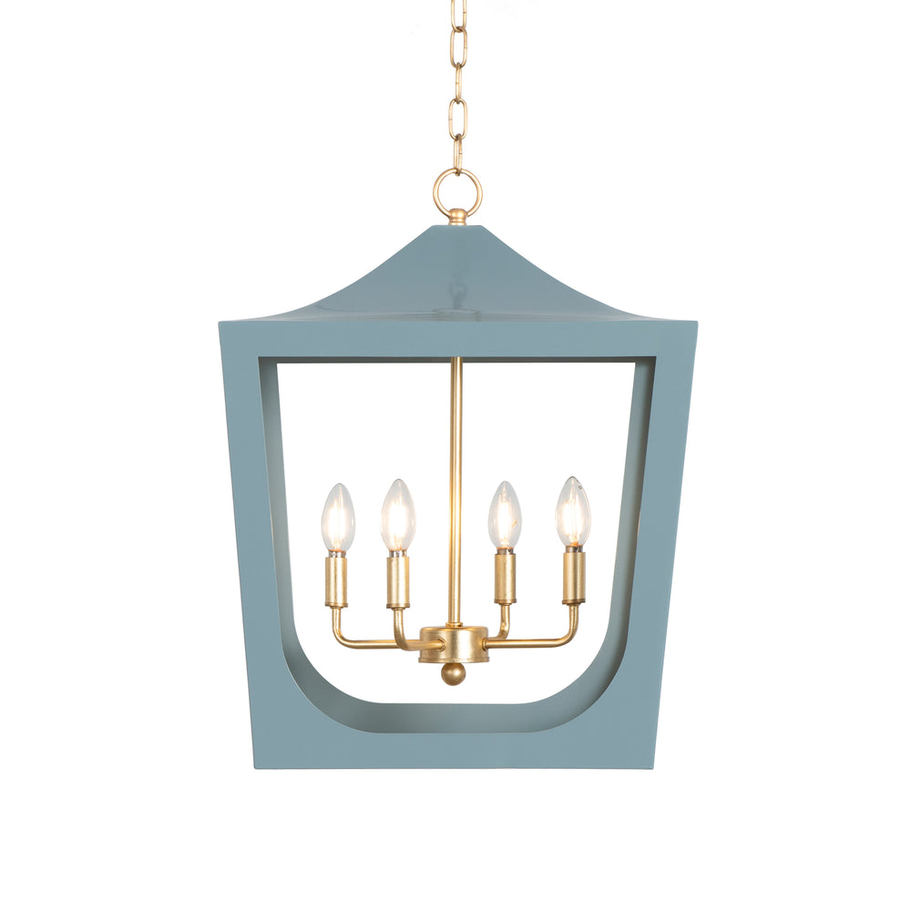 MODERN PAGODA LANTERN WITH FOUR LIGHT GOLD LEAF CLUSTER, BODY IN LIGHT BLUE POWDER COAT
