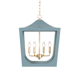 MODERN PAGODA LANTERN WITH FOUR LIGHT GOLD LEAF CLUSTER, BODY IN LIGHT BLUE POWDER COAT