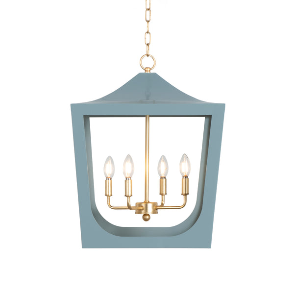 MODERN PAGODA LANTERN WITH FOUR LIGHT GOLD LEAF CLUSTER, BODY IN LIGHT BLUE POWDER COAT