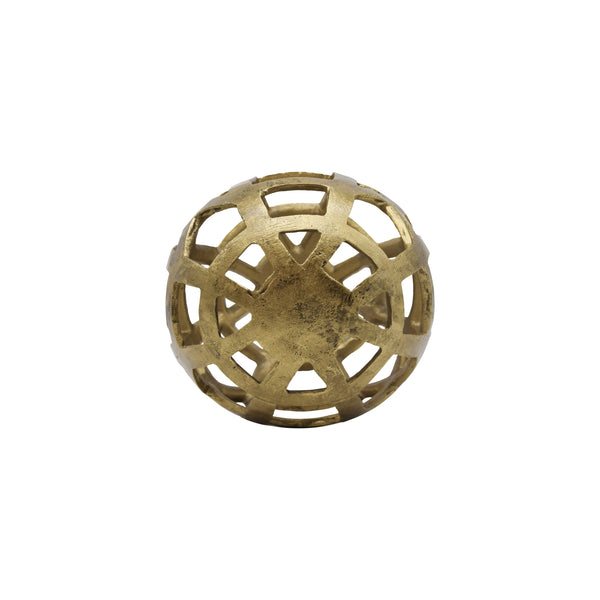 SMALL ROUND METAL BALL WITH GEO CUTOUTS IN TEXTURED BRASS