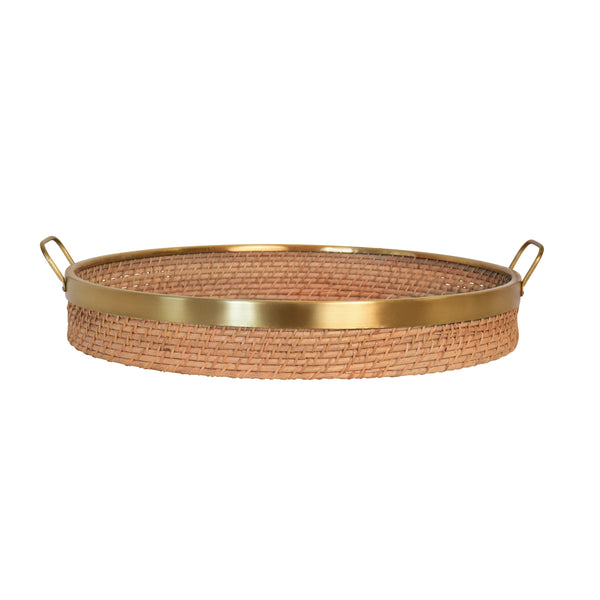 ROUND NATURAL RATTAN TRAY WITH BRASS RIM AND HANDLES