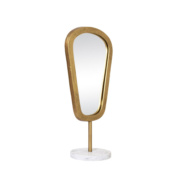 SMALL TABLE TOP MIRROR IN AGED GOLD FINISH ON WHITE MARBLE BASE