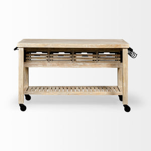 Columbia 62L x 28W x 36H I Light Brown Body w/ Black Iron Knobs Rolling Kitchen Island