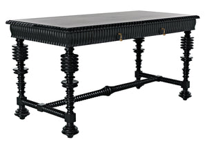 Portuguese Small Desk in Hand-Rubbed Black Mahogany with Brass Pulls