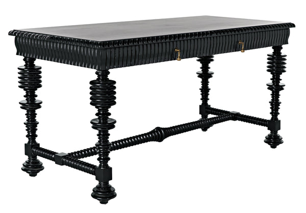 Portuguese Small Desk in Hand-Rubbed Black Mahogany with Brass Pulls