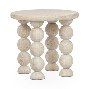 Adir Solid Wood Round End Table with Sphere Legs - White Washed Cream