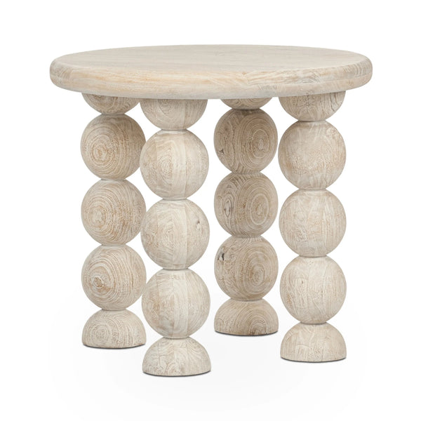 Adir Solid Wood Round End Table with Sphere Legs - White Washed Cream
