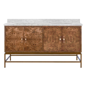 BATH VANITY IN MATTE DARK BURL WOOD AND ANTIQUE BRASS WITH WHITE MARBLE TOP AND DOUBLE PORCELAIN SINKS, 60" WIDE