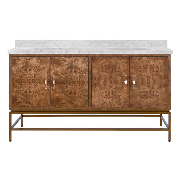BATH VANITY IN MATTE DARK BURL WOOD AND ANTIQUE BRASS WITH WHITE MARBLE TOP AND DOUBLE PORCELAIN SINKS, 60" WIDE