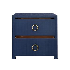 TWO DRAWER SIDE TABLE WITH ANTIQUE BRASS CIRCLE HARDWARE IN TEXTURED NAVY LINEN