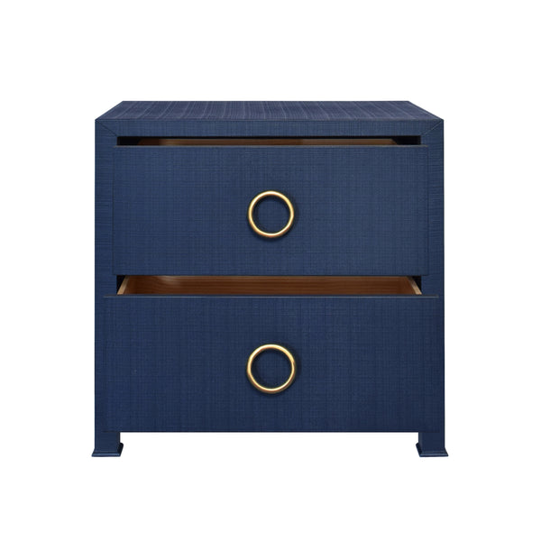 TWO DRAWER SIDE TABLE WITH ANTIQUE BRASS CIRCLE HARDWARE IN TEXTURED NAVY LINEN