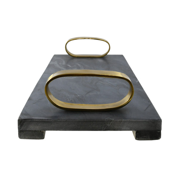 BLACK MARBLE TRAY WITH BRASS OVAL SHAPED HANDLE