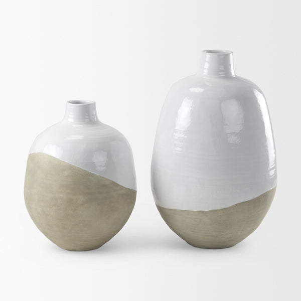 Amos 18.5L x 18.5W x 24.4H White and Dark Beige Color Blocked Ceramic Floor Vase