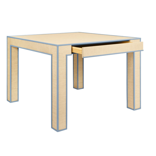 SQUARE TWO DRAWER GAME TABLE WITH MATTE LIGHT BLUE LACQUER EDGING AND INSET NATURAL GRASSCLOTH