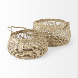 Nova 15.0L x 15.0W x 9.4H (Set of 2) Light Brown Seagrass Woven Round Basket W/ Long Handle