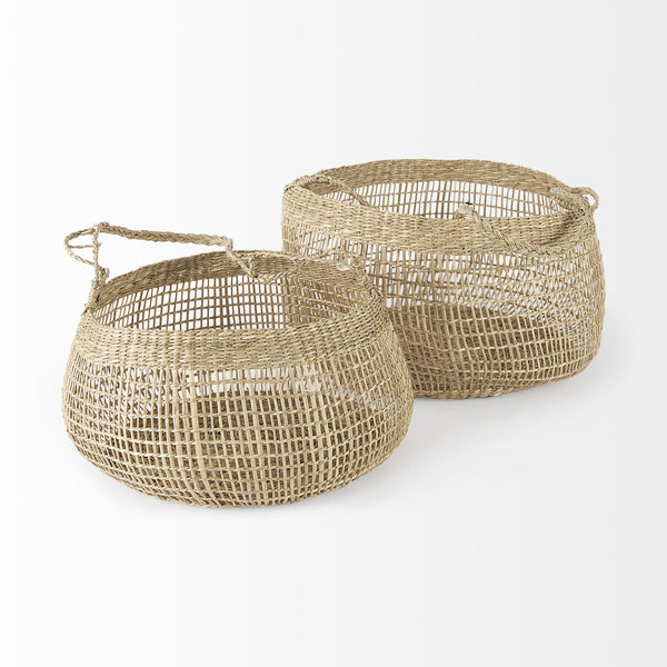 Nova 15.0L x 15.0W x 9.4H (Set of 2) Light Brown Seagrass Woven Round Basket W/ Long Handle