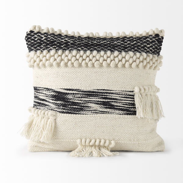 Beardell 18 x 18 Cream And Black Details With Tassels  Decorative Pillow Cover