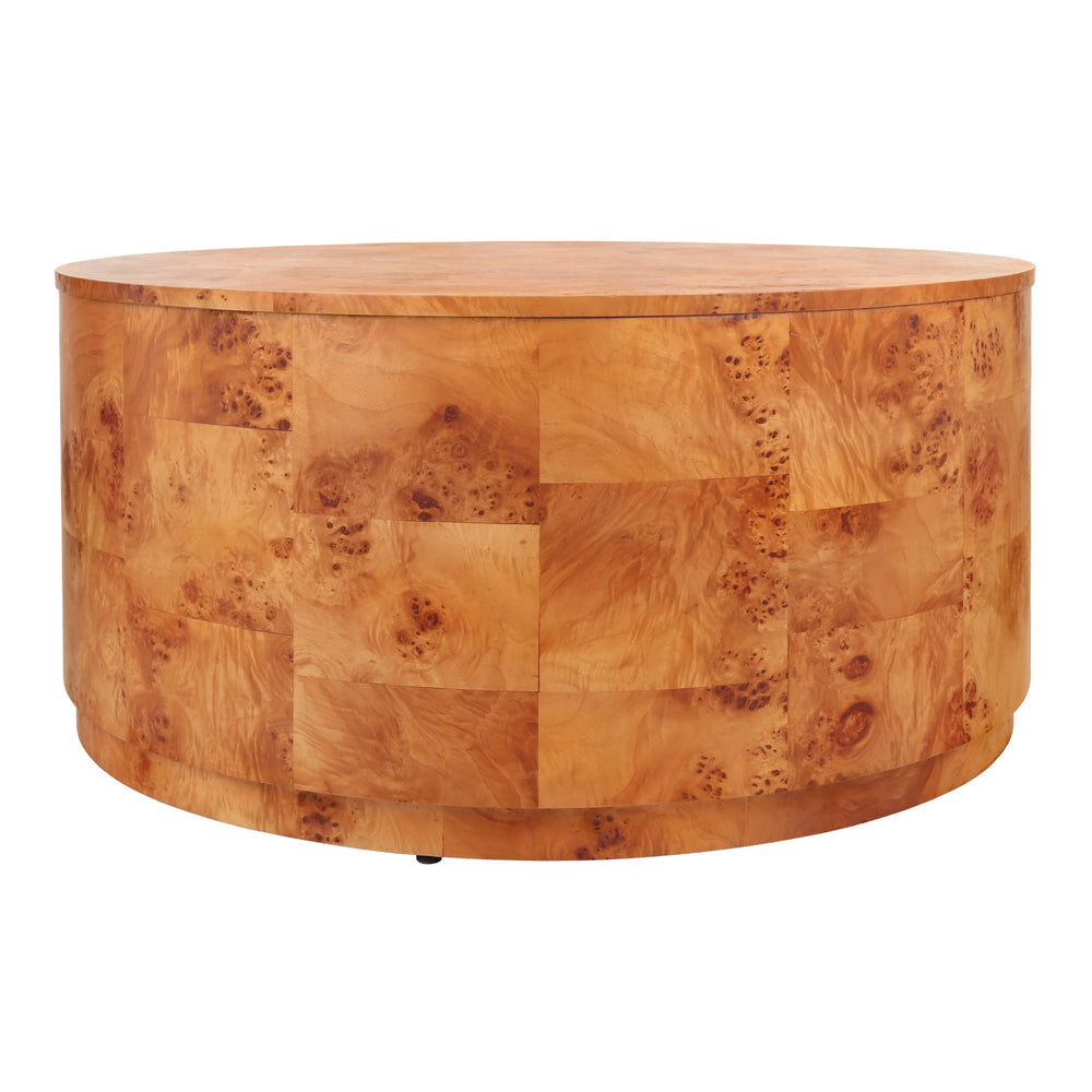 Arsenio Burl Wood Round Coffee Table, Golden Brown Burl