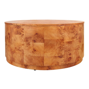 Arsenio Burl Wood Round Coffee Table, Golden Brown Burl