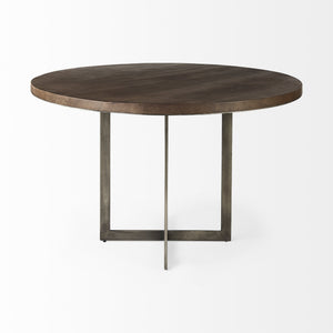 Faye I 48L x 48W x 30H Medium Brown Wood W/Antique Nickel Metal Base Round Dining Table
