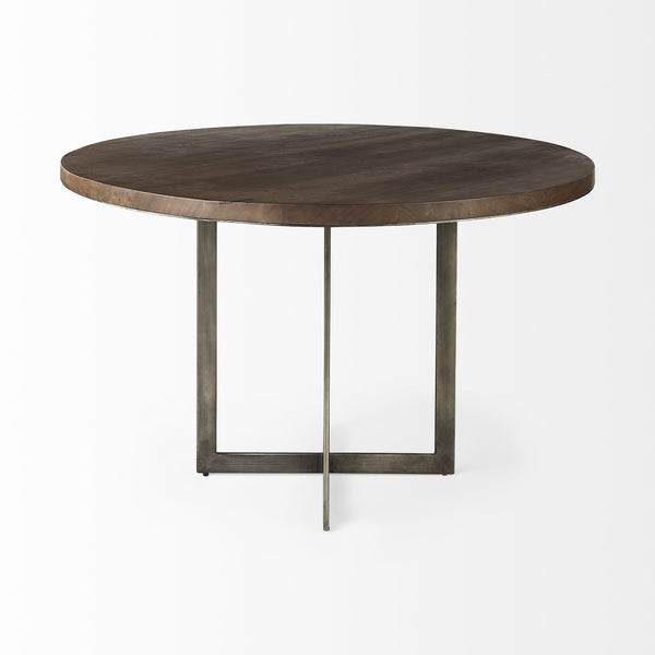 Faye I 48L x 48W x 30H Medium Brown Wood W/Antique Nickel Metal Base Round Dining Table