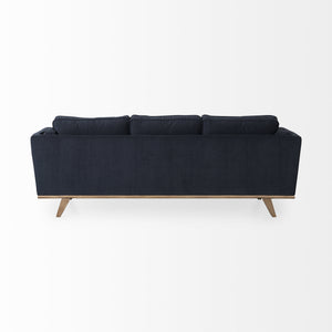 Brooks 90.2L x 34.8W x 33.5H Navy Blue Fabric Three Seater Sofa W/ Medium Brown Wooden Legs