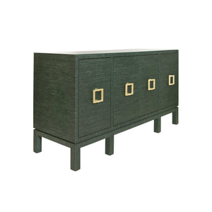 FOUR DOOR BUFFET WITH LARGE BRASS SQUARE HARDWARE IN GREEN DYED GRASSCLOTH