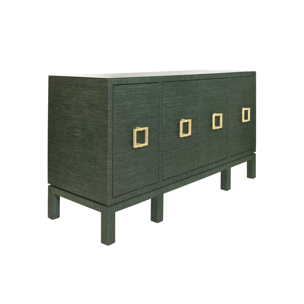 FOUR DOOR BUFFET WITH LARGE BRASS SQUARE HARDWARE IN GREEN DYED GRASSCLOTH