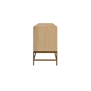 FOUR DOOR BUFFET WITH ANTIQUE BRASS METAL BASE IN CERUSED OAK