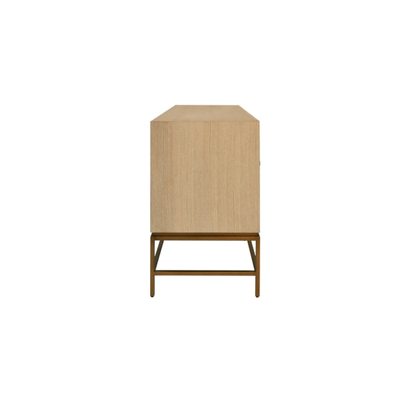 FOUR DOOR BUFFET WITH ANTIQUE BRASS METAL BASE IN CERUSED OAK