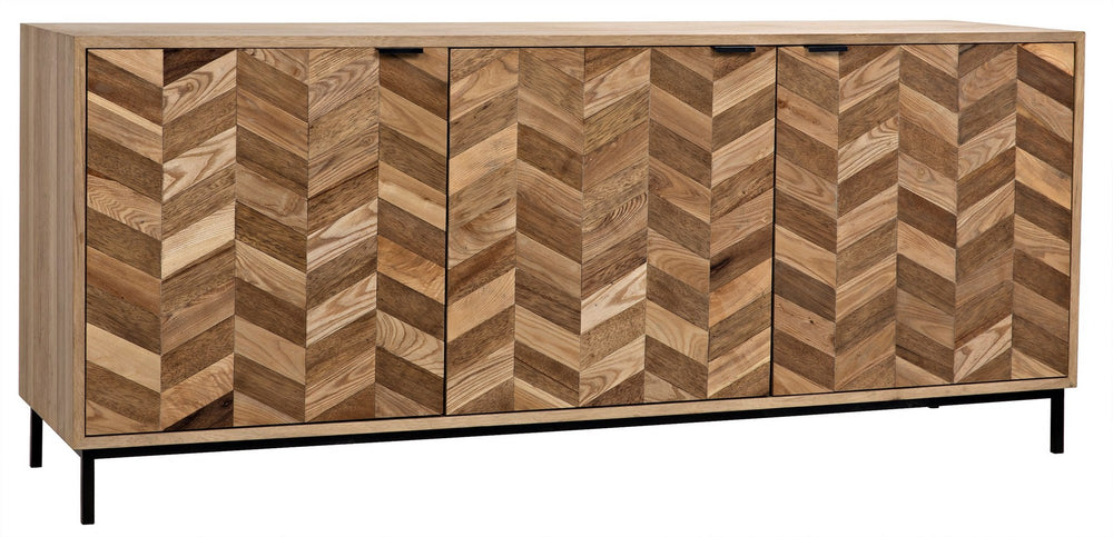 Herringbone Walnut and Veneer Sideboard with Matte Black Industrial Steel Base in Dark and Washed Walnut Finish