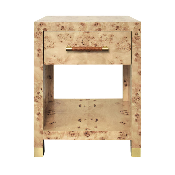 ONE DRAWER SIDE TABLE WITH RATTAN WRAPPED HANDLE IN BURL WOOD