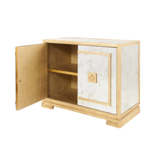 ANTQ. MIRROR & GL 2 DOOR CABINET W GREEK KEY DETAIL