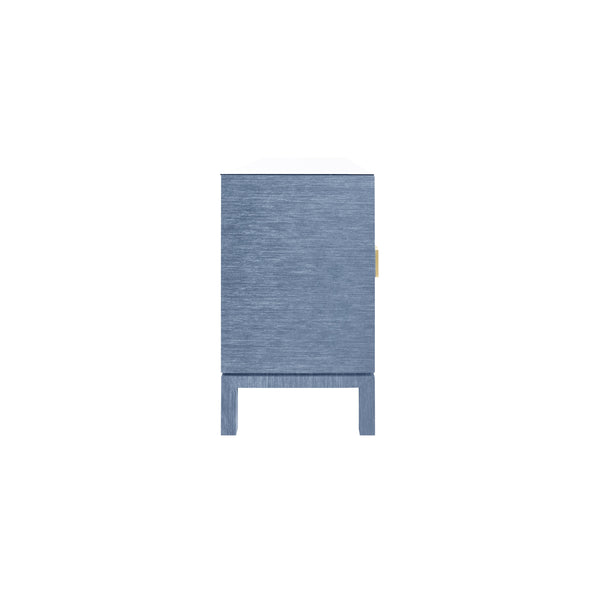 FOUR DOOR BUFFET WITH LARGE BRASS SQUARE HARDWARE IN BLUE DYED GRASSCLOTH