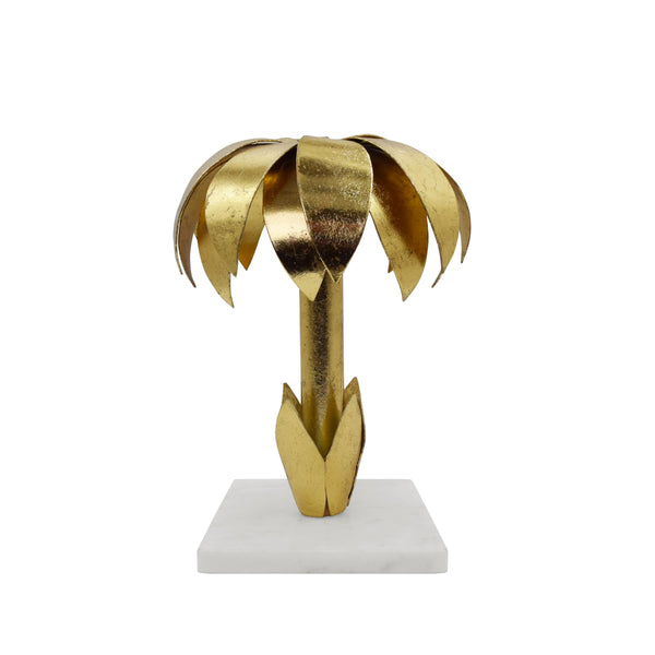 IRON PALM TREE CANDLE HOLDER IN GOLD LEAF FINISH ON WHITE MARBLE BASE