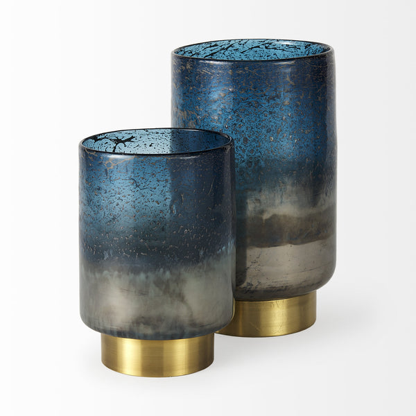 Caspian I Tall Blue Glass Antiqued Brass Bottom Vase