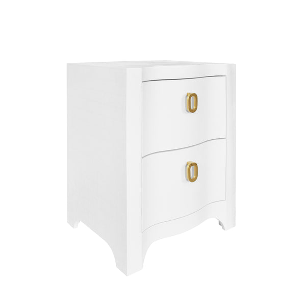 CURVED FRONT SIDE TABLE WITH TWO DRAWERS IN WHITE TEXTURED LINEN WITH SATIN BRASS RING HARDWARE
