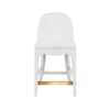 CURVED COUNTER STOOL WITH SATIN BRASS RING HARDWARE ON BACK IN PERFORMANCE WHITE LINEN UPHOLSTERY AND TEXTURED WHITE LINEN FRAME