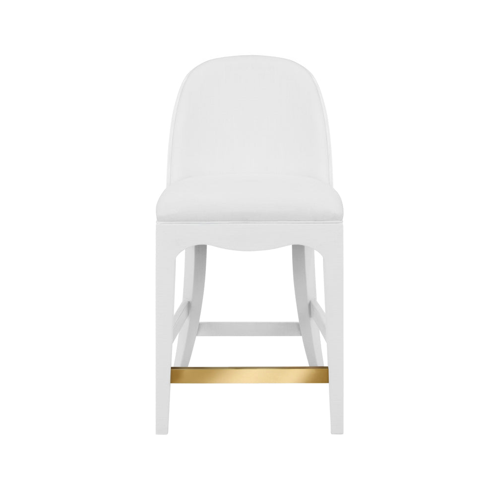 CURVED COUNTER STOOL WITH SATIN BRASS RING HARDWARE ON BACK IN PERFORMANCE WHITE LINEN UPHOLSTERY AND TEXTURED WHITE LINEN FRAME