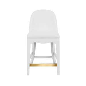 CURVED COUNTER STOOL WITH SATIN BRASS RING HARDWARE ON BACK IN PERFORMANCE WHITE LINEN UPHOLSTERY AND TEXTURED WHITE LINEN FRAME