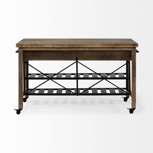 Stuart I Brown Solid Wood Top Two-Tier Black Metal Rolling Kitchen Island