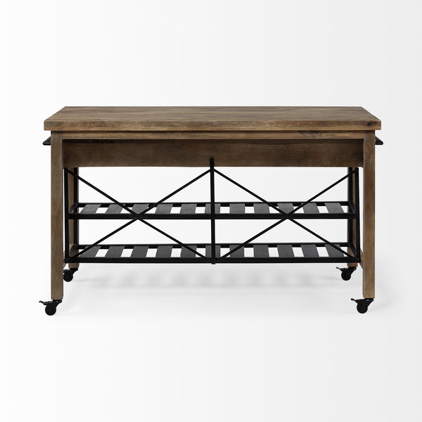 Stuart I Brown Solid Wood Top Two-Tier Black Metal Rolling Kitchen Island